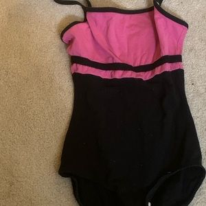 Black and purple leotard.